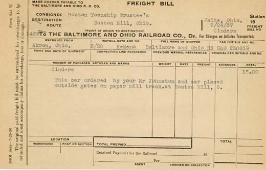 BO RR freight bill for cinders delivered to Jaite
